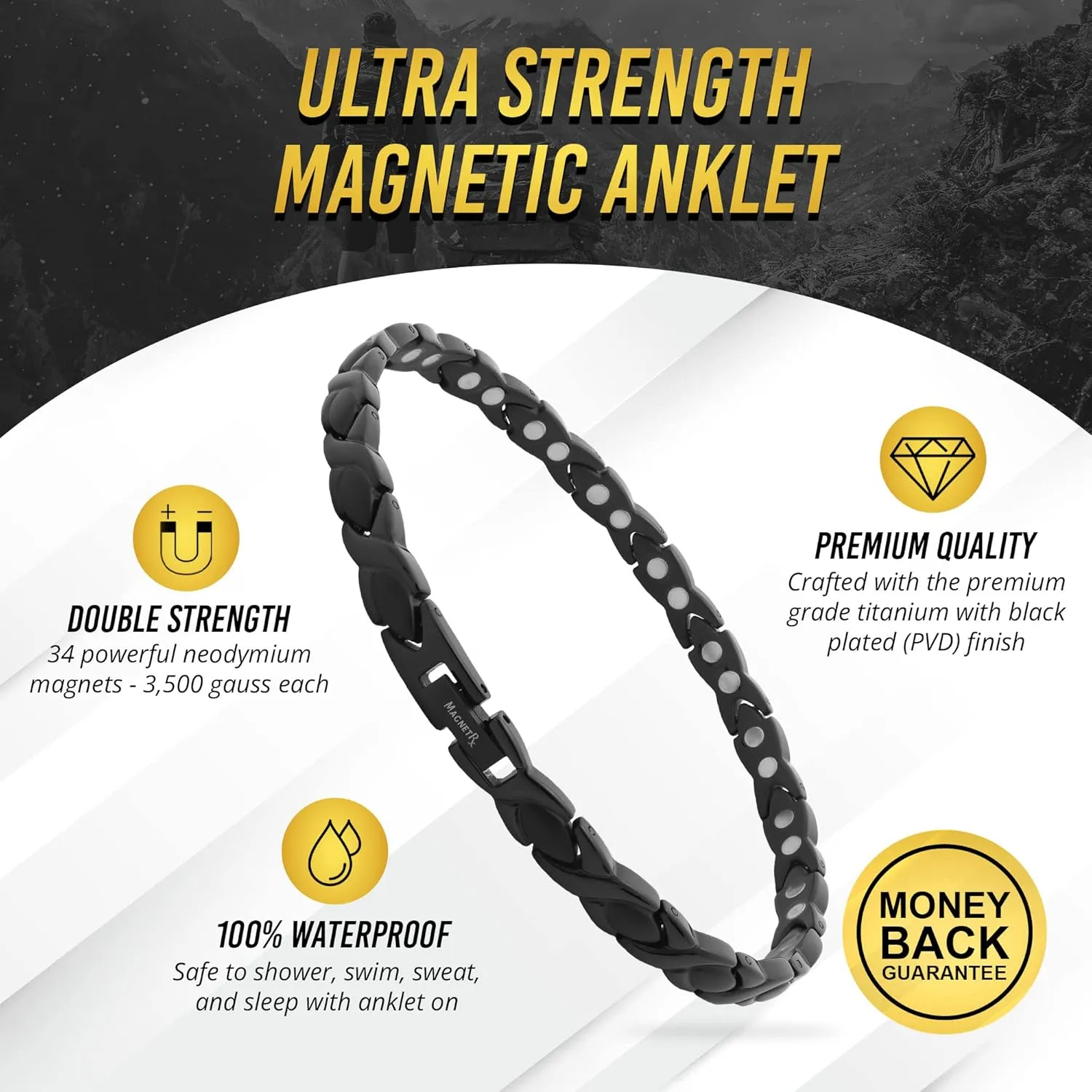 MagnetRX Womens Magnetic Ankle Bracelet  Ultra Strength Magnetic Anklets with 34 Magnets  Titanium Ankle Bracelets for Women (Black)