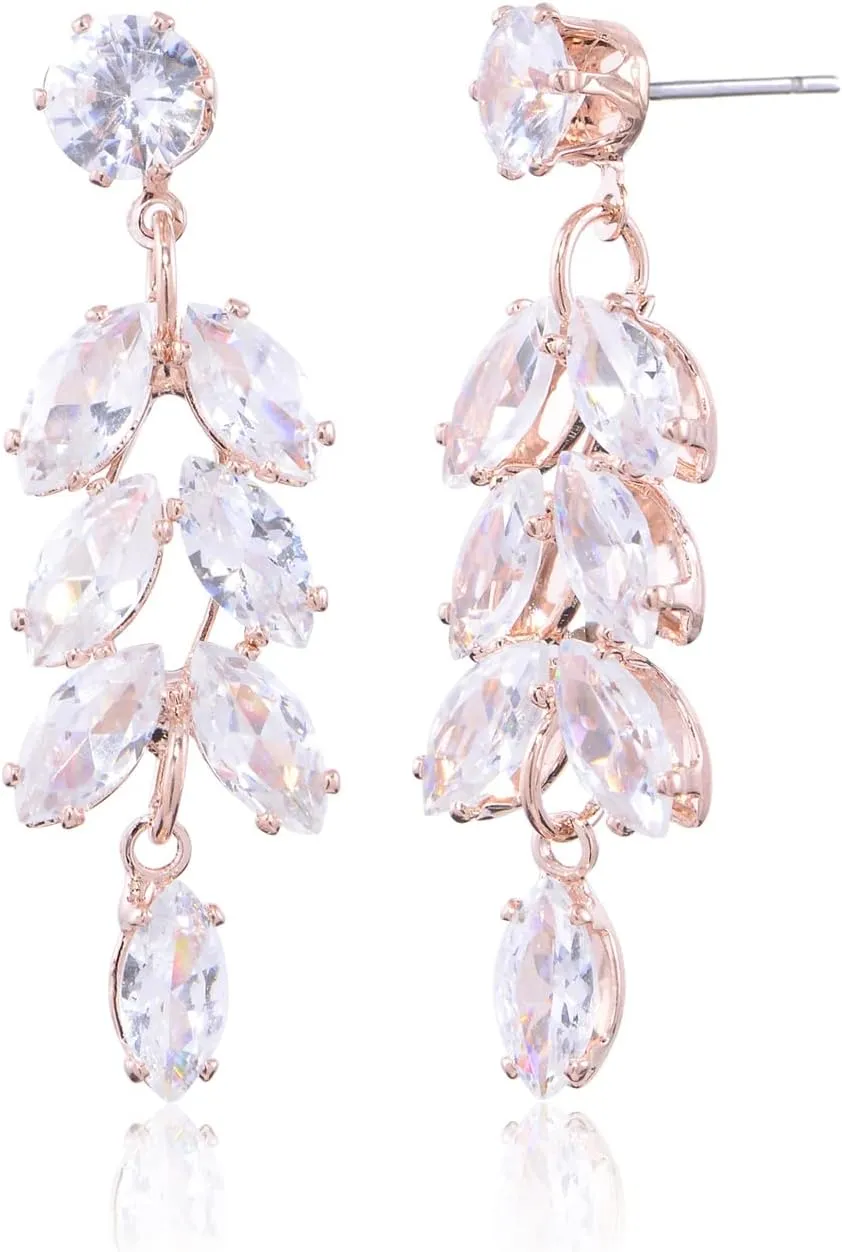 Marquise Cubic Zirconia Dangle Earrings for Wedding CZ Crystal Rhinestone Cluster Floarl Leaf Bridal Dangling Drop Earring for Bride Bridesmaids Women Girls Party Prom Costume Jewelry