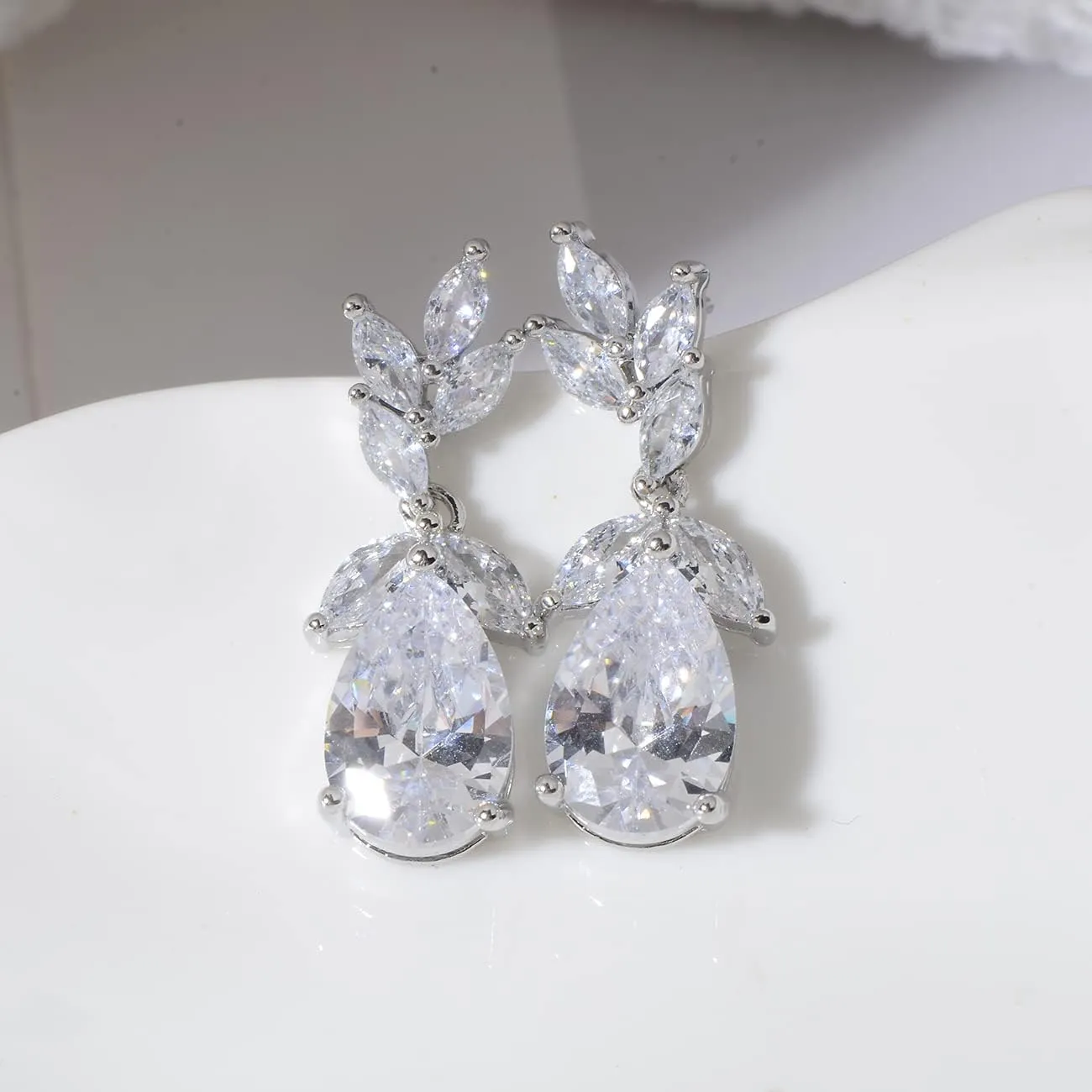 Marquise Teardrop Cubic Zirconia Cluster Earrings for Wedding Sterling Silver CZ Crystal Rhinestone Bridal Jewelry for Bride Bridesmaids Women Girls Costume Jewelry Gift