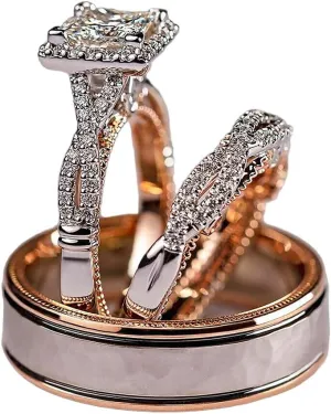 Matching Couple Ring Set (3-Piece), Princess Cut 2 Ct Diamond, Art Deco Style, 925 Sterling Silver with 14K Rose Gold Plating, Includes Walnut Wood Gift Box