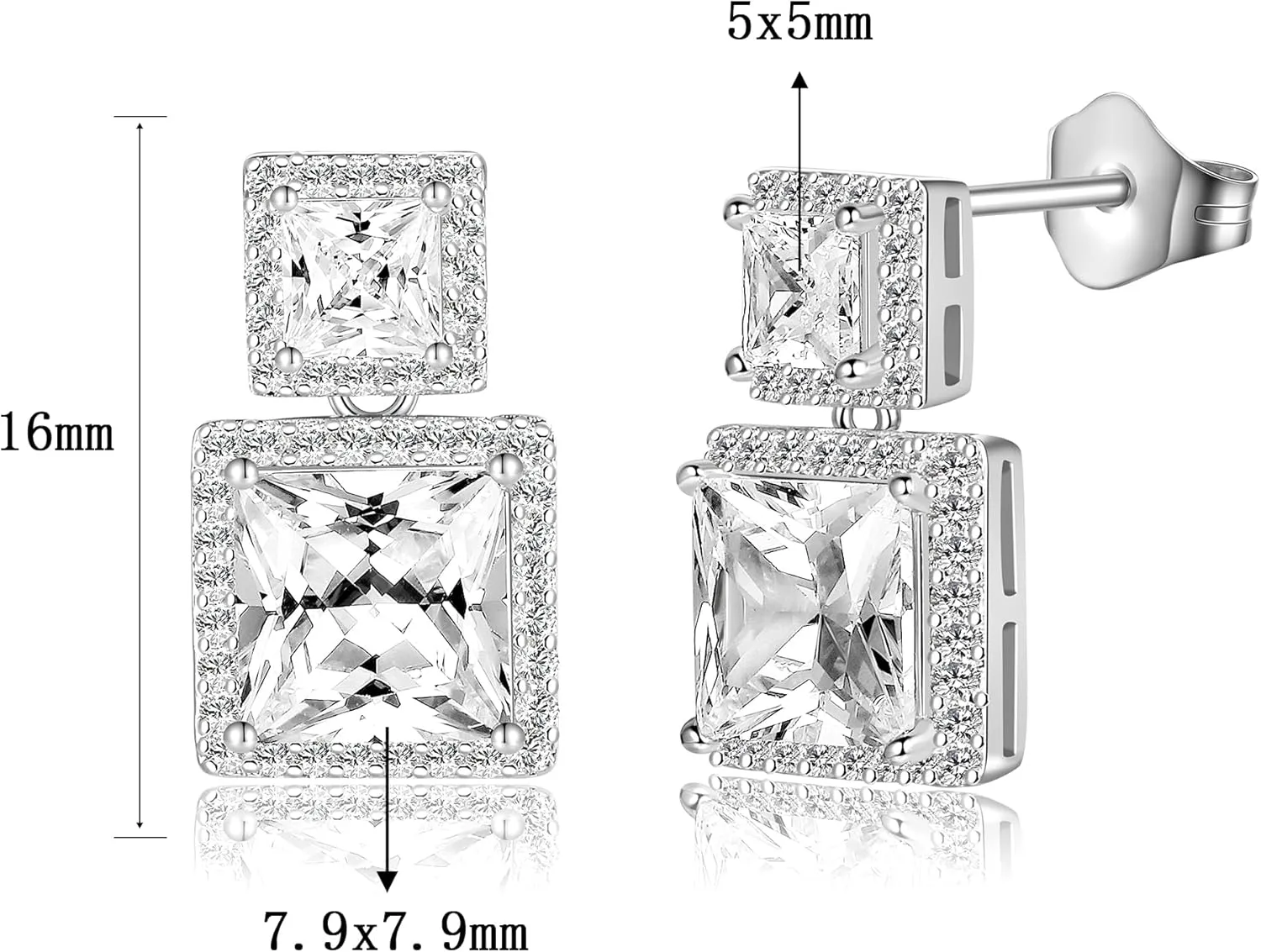 MDFUN 18K White Gold/Yellow Gold Plated Fashionable Cubic Zirconia Stud Earrings for Women and Men, Round/Square/Heart/Teardrop