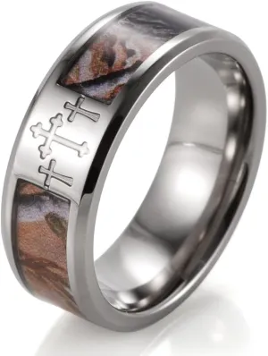 Men's 8mm Titanium Wedding Bands 3 Crosses Tree Camouflage Christian Ring