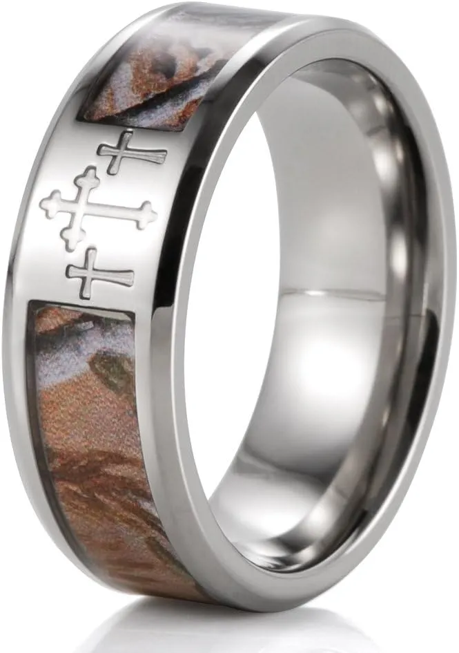 Men's 8mm Titanium Wedding Bands 3 Crosses Tree Camouflage Christian Ring