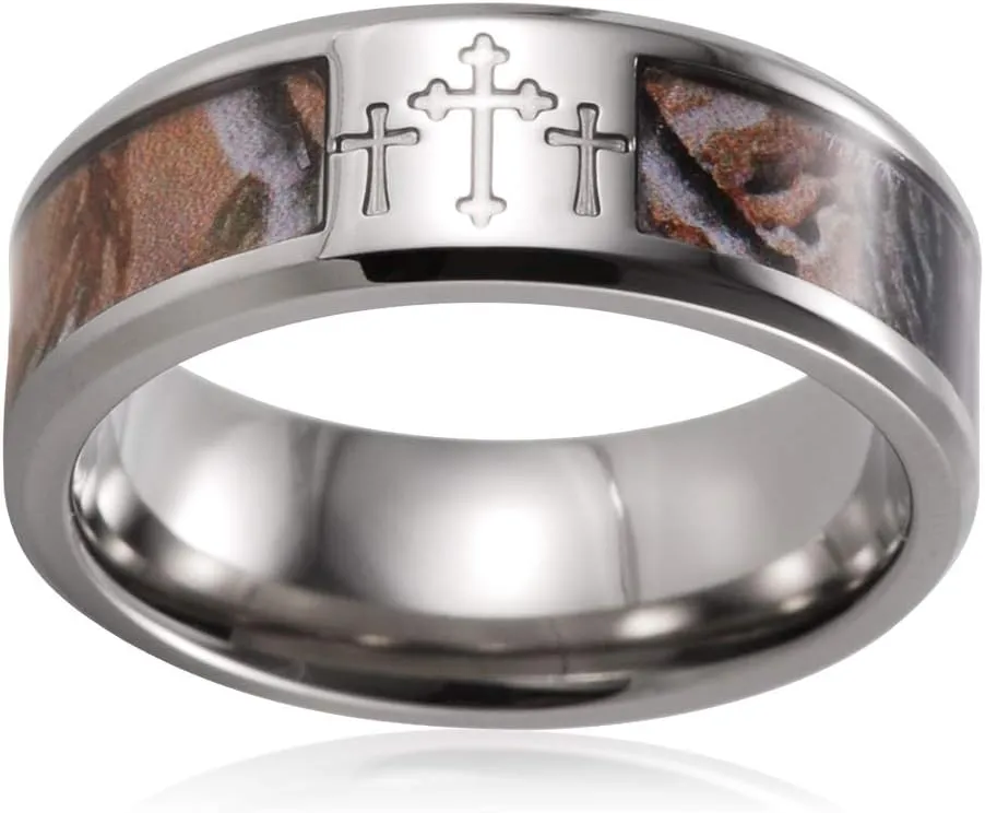Men's 8mm Titanium Wedding Bands 3 Crosses Tree Camouflage Christian Ring