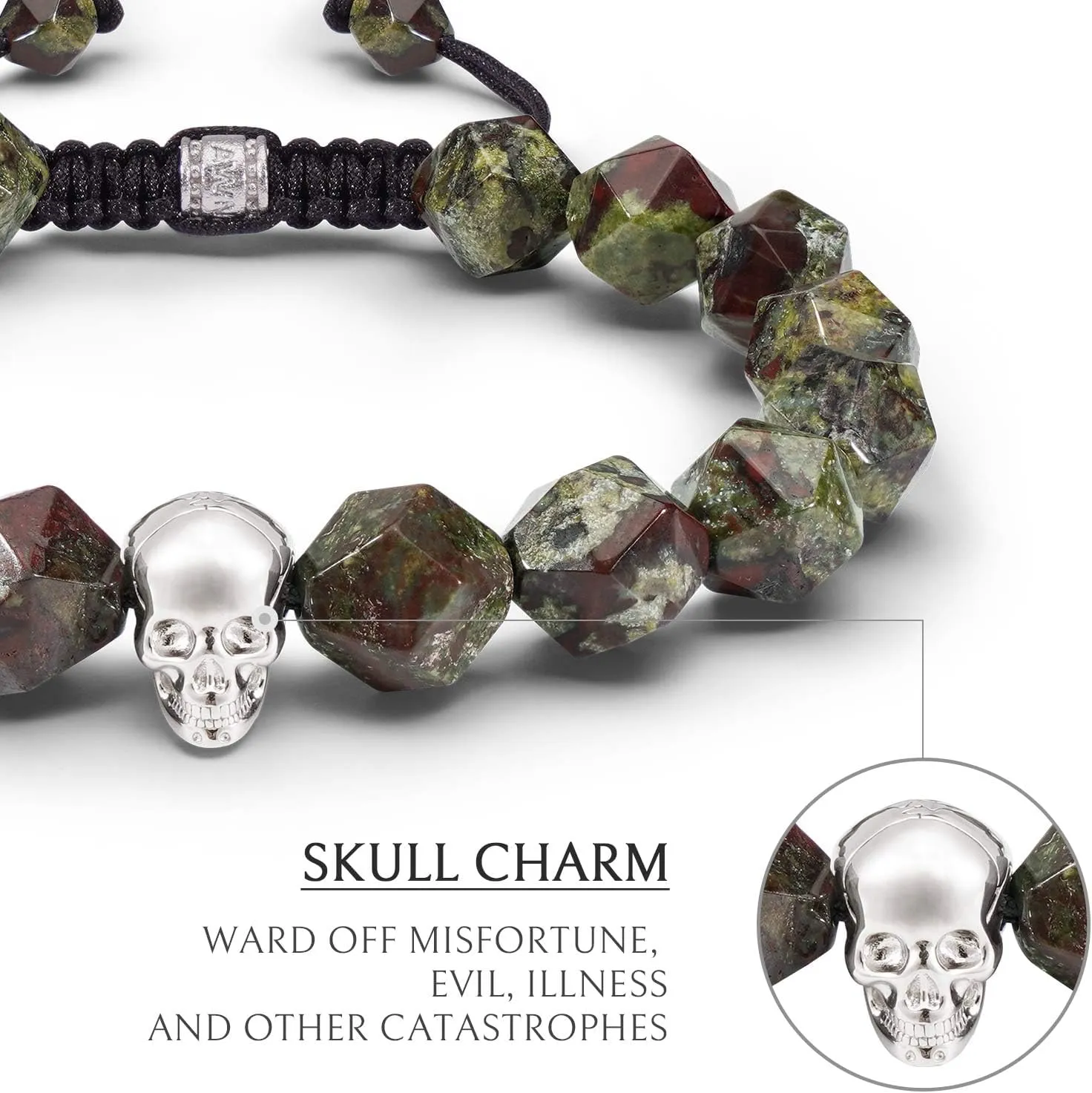 Men's Dumortierite Dragon Blood Jasper Beaded Bracelet with Sterling Silver Skull Charm Adjustable Braided Bracelet 10mm Natural Gemstone Gift for Men 6.1''-7.9''