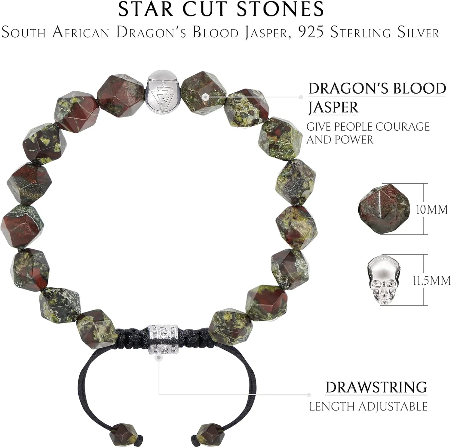Men's Dumortierite Dragon Blood Jasper Beaded Bracelet with Sterling Silver Skull Charm Adjustable Braided Bracelet 10mm Natural Gemstone Gift for Men 6.1''-7.9''