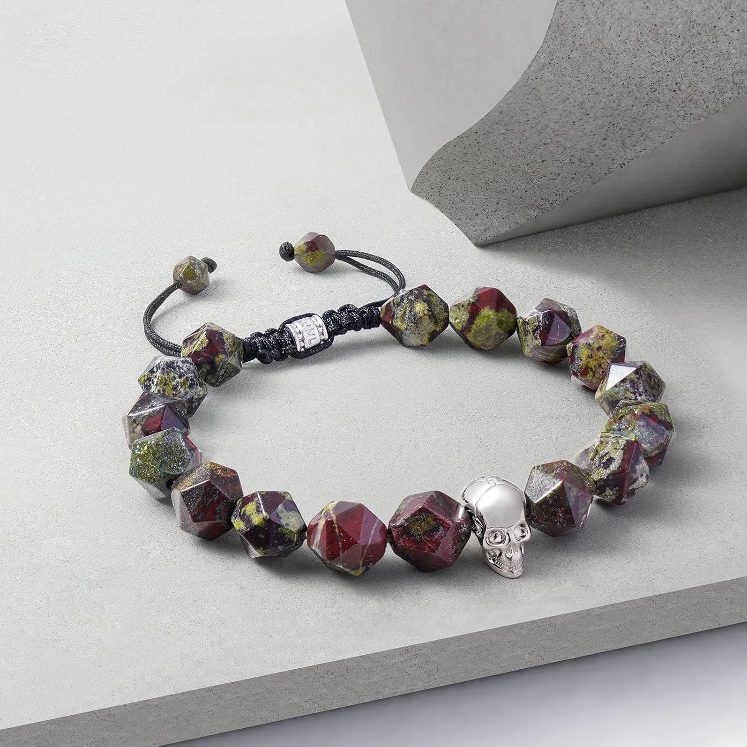 Men's Dumortierite Dragon Blood Jasper Beaded Bracelet with Sterling Silver Skull Charm Adjustable Braided Bracelet 10mm Natural Gemstone Gift for Men 6.1''-7.9''