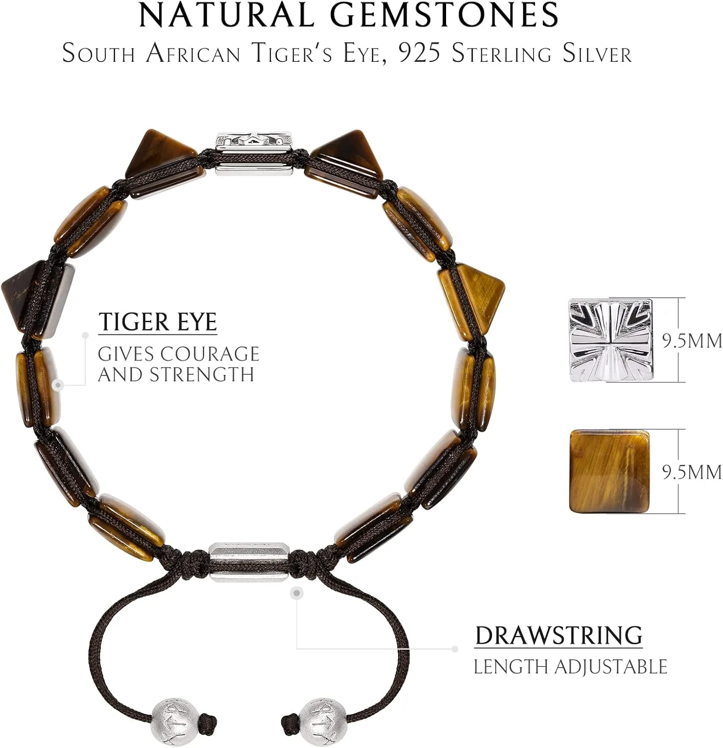 Men's Flatbead Bracelet with Sterling Silver Centre Charm Braided Bracelet Natural Gemstones Gift for Men (9.5mm Stone), 5.7"-7.5"