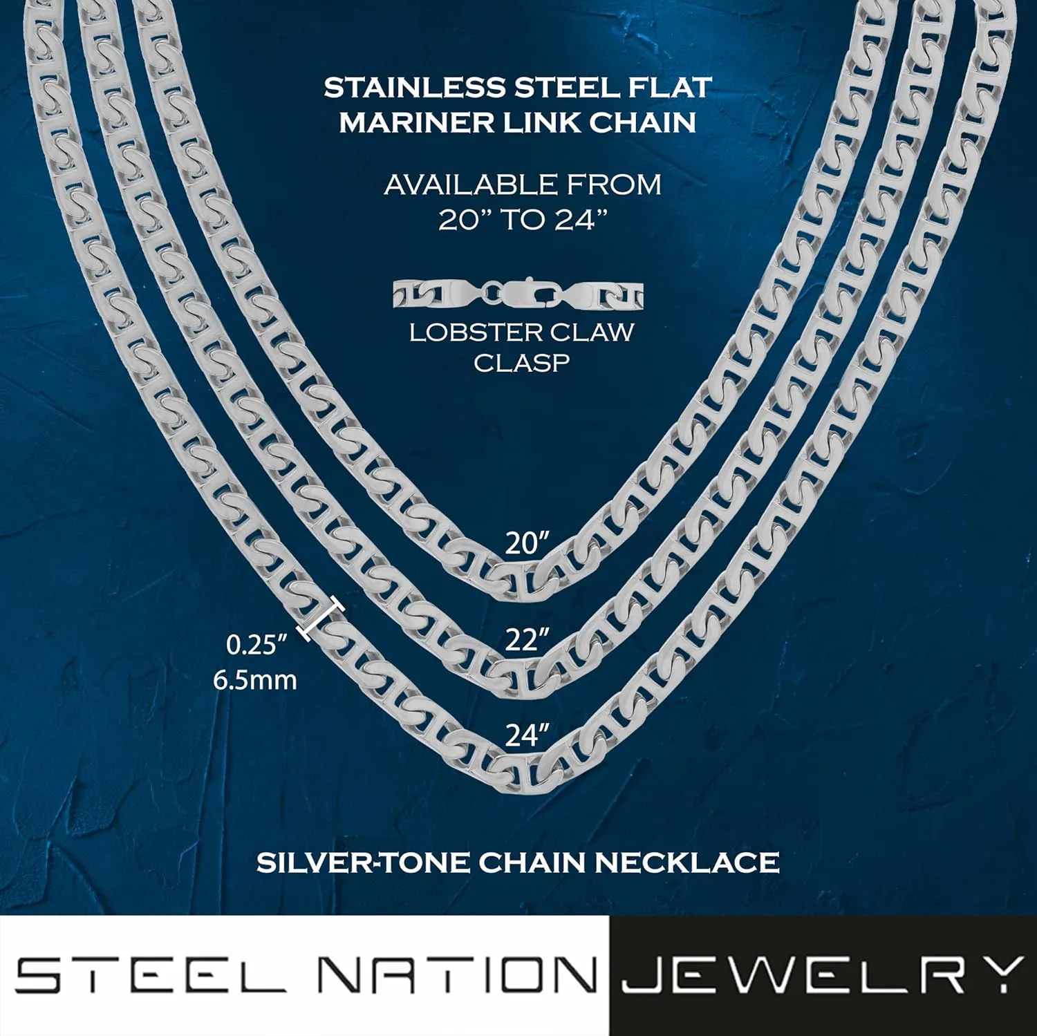 Men's Stainless Steel 6.5mm Flat Mariner Link Chain Necklace - Choice of Length and Color