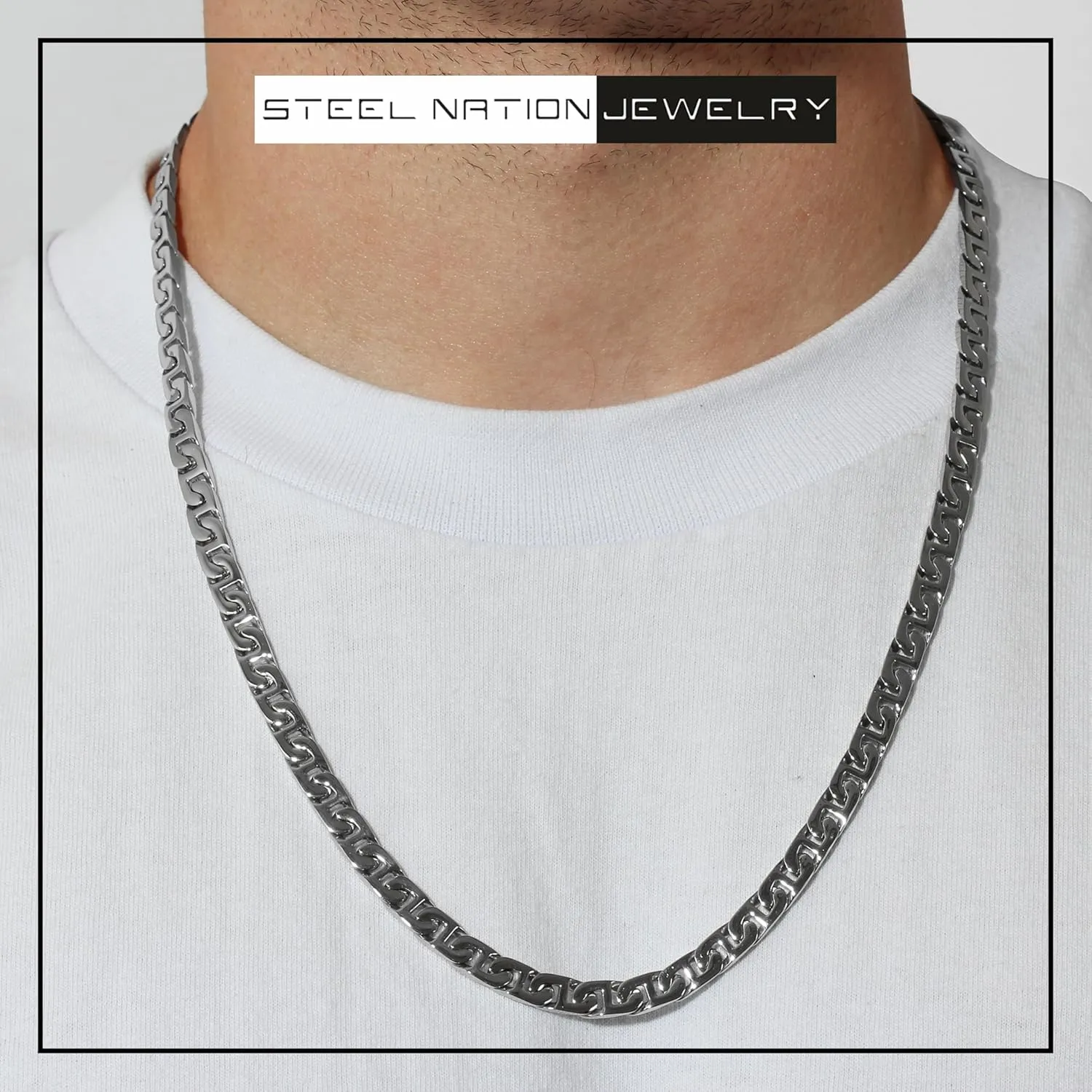 Men's Stainless Steel 6.5mm Flat Mariner Link Chain Necklace - Choice of Length and Color
