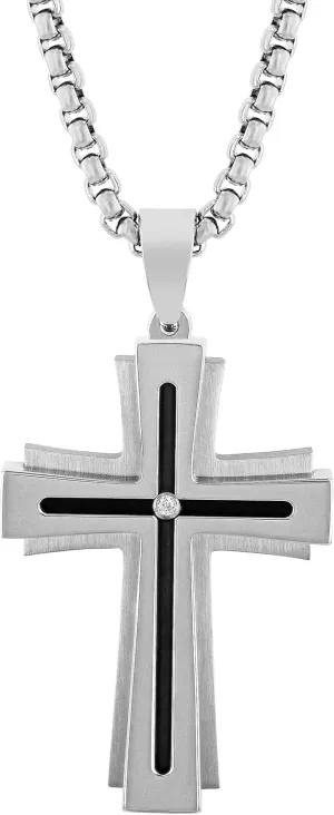 Men's Stainless Steel Cross Pendant with Accent and Black Finish, 24" Rolo Chain