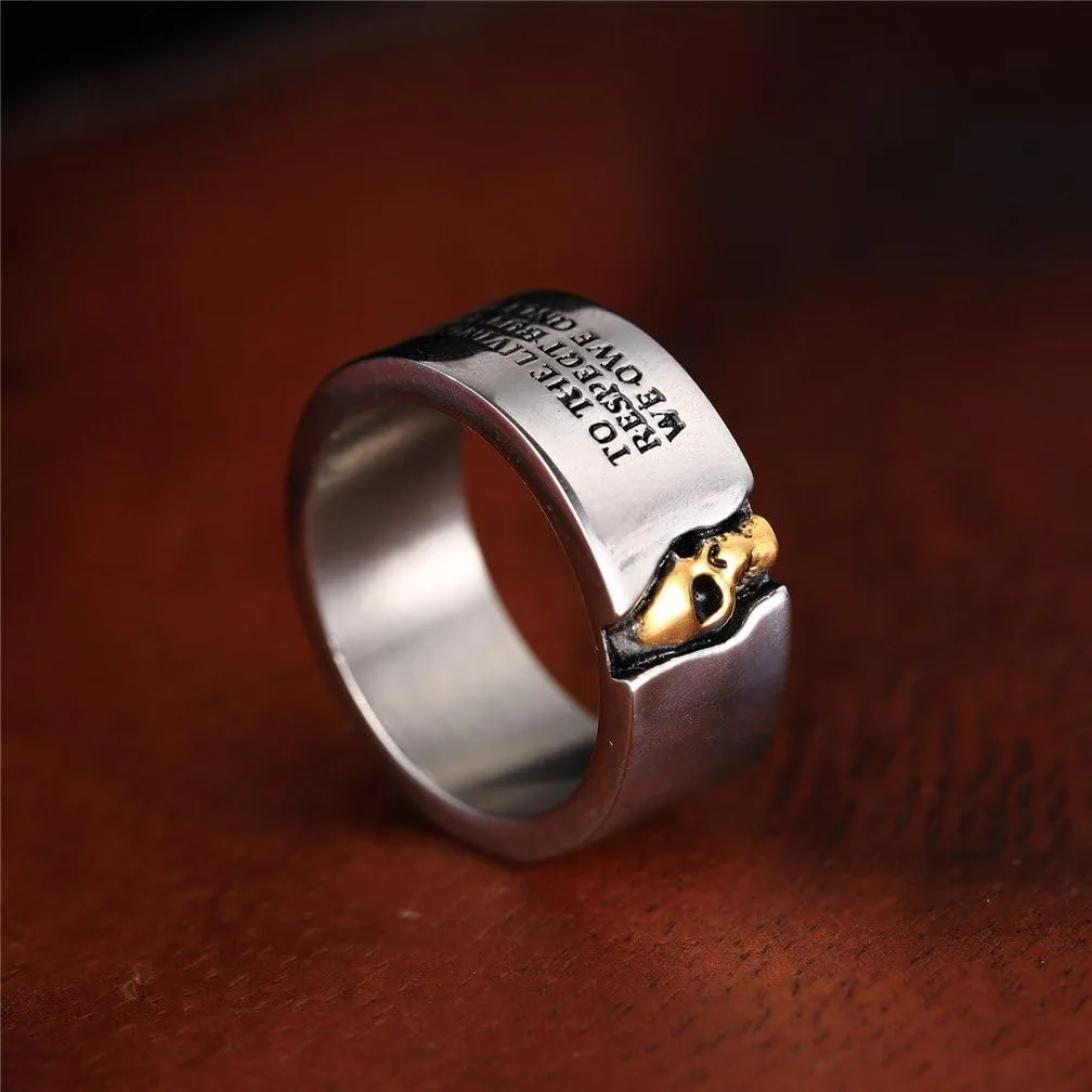 Men's Stainless Steel Skull Ring Cool Half Face Biker Bands Engraved Letters