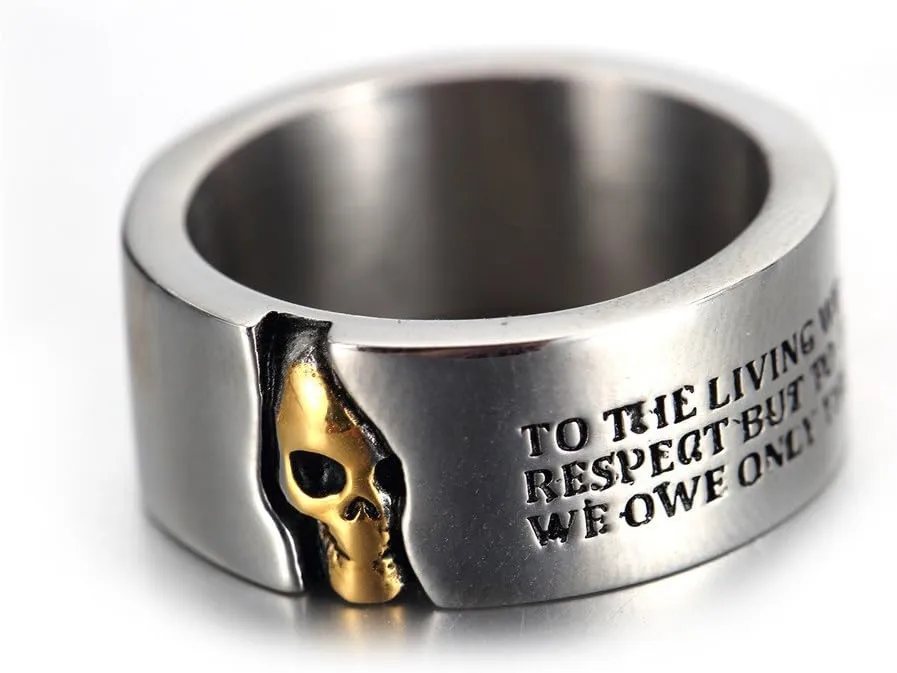 Men's Stainless Steel Skull Ring Cool Half Face Biker Bands Engraved Letters