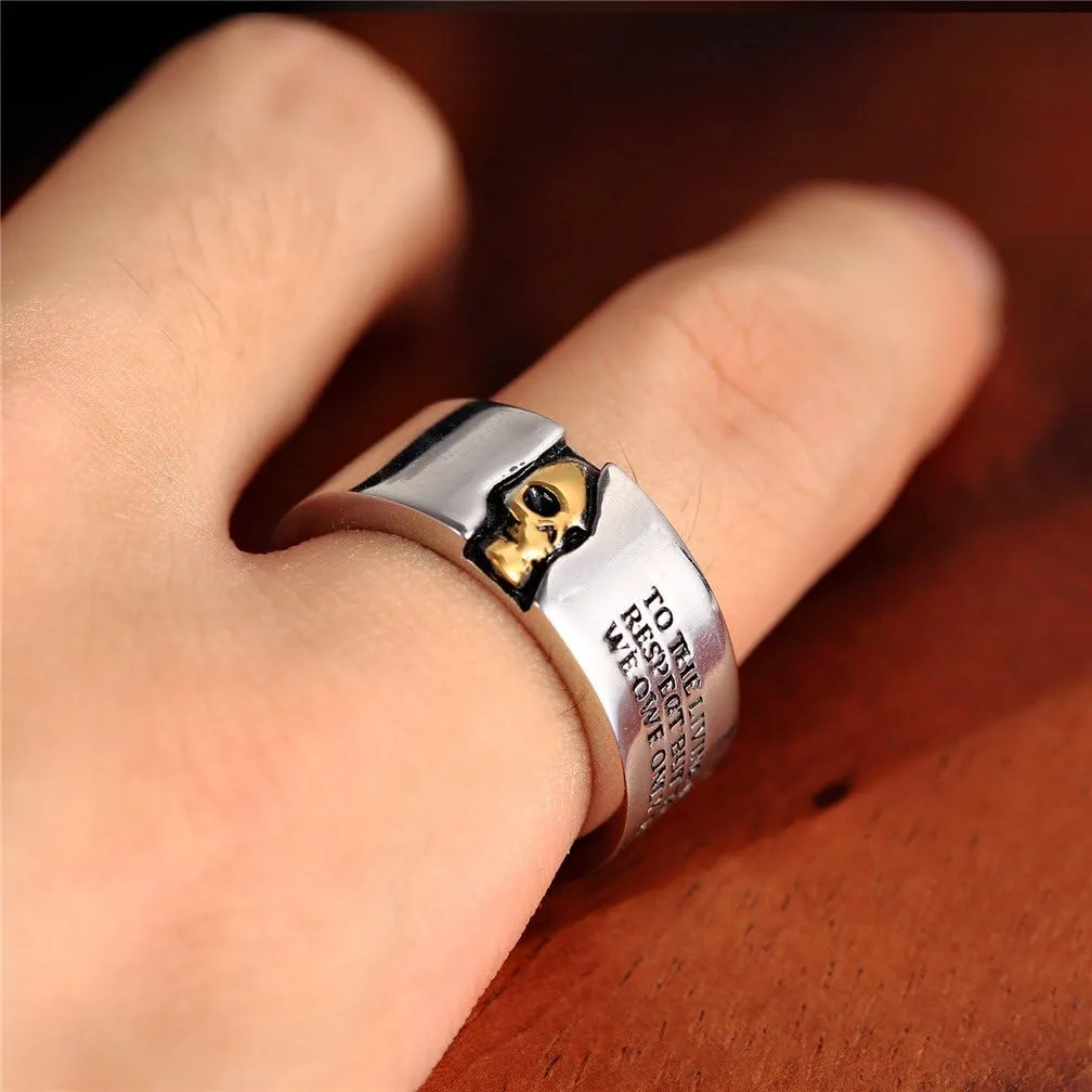 Men's Stainless Steel Skull Ring Cool Half Face Biker Bands Engraved Letters
