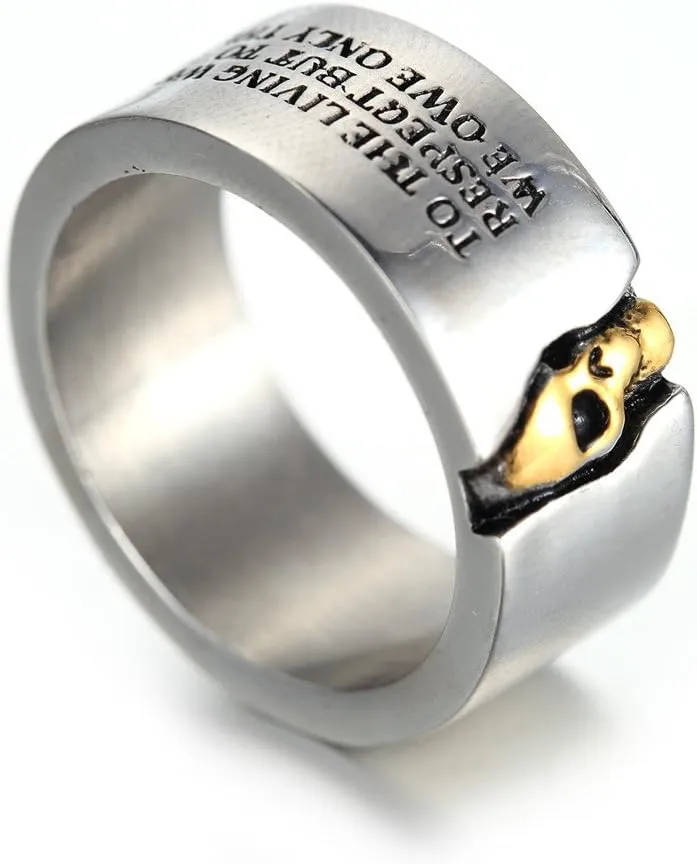 Men's Stainless Steel Skull Ring Cool Half Face Biker Bands Engraved Letters