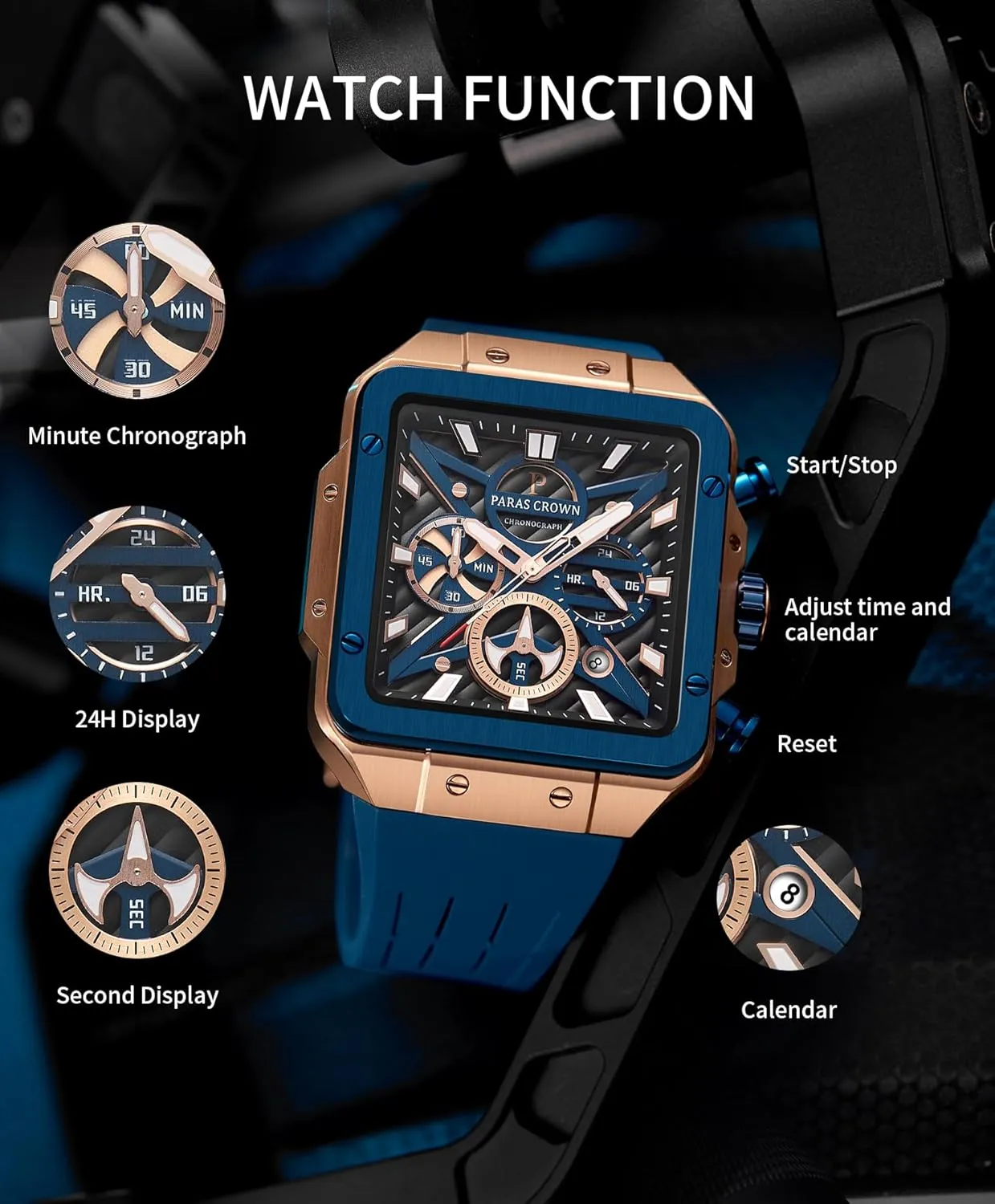 Mens Watches Ultra-Thin Square Stainless Steel case Silicone Strap with Analog Quartz for Chronograph Luminous Calendar Waterproof for Quartz Watch for Men