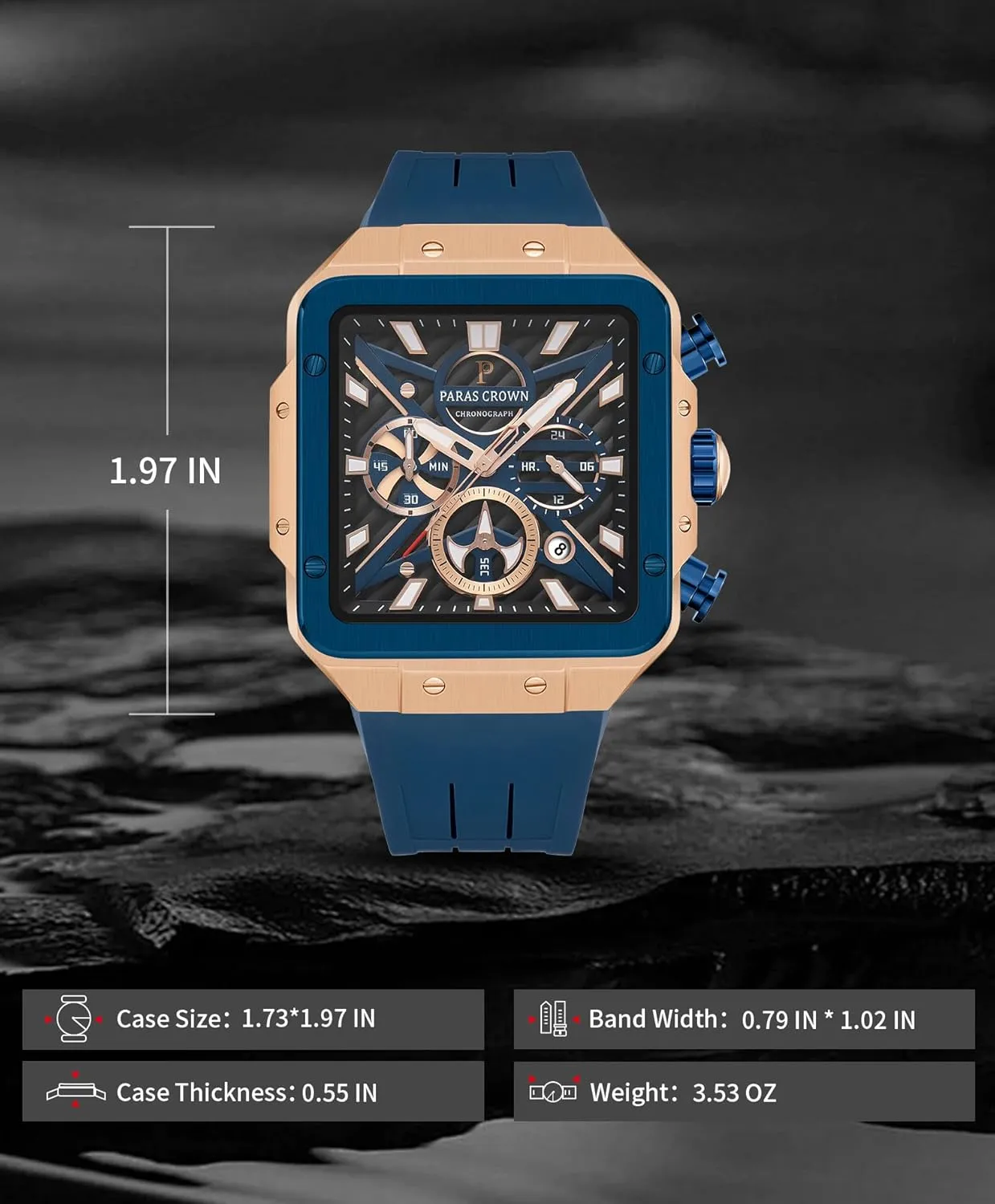 Mens Watches Ultra-Thin Square Stainless Steel case Silicone Strap with Analog Quartz for Chronograph Luminous Calendar Waterproof for Quartz Watch for Men