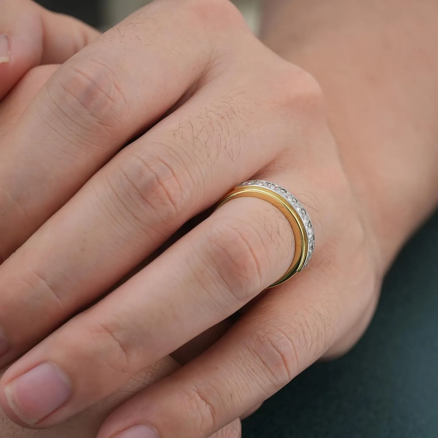 Mens wedding Band 925 Sterling Silver Gold Rings For Men 14K White and Yellow Gold Plated 1ct 9 Round 5A Cubic Zirconia Promise Rings For Him Size 8-13