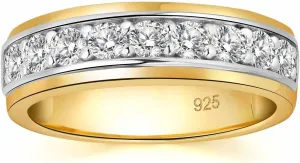 Mens wedding Band 925 Sterling Silver Gold Rings For Men 14K White and Yellow Gold Plated 1ct 9 Round 5A Cubic Zirconia Promise Rings For Him Size 8-13