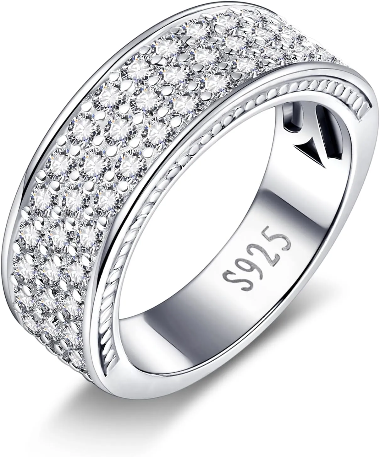 Men's Wedding Band Cubic Zirconia Engagement Rings 14K/White Gold Plated 925 Sterling Silver with 3 Row Cubic Zirconia Promise Ring Valentines Anniversary Jewelry Gifts Sizes 8-12