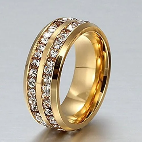 Mens Womens 8MM Titanium Stainless Steel High Polished 18K Gold Plated Channel Set Cubic Zirconia CZ Promise Engagement Band Unisex Gold Wedding Ring Comfort Fit, Size 6-13 (10, Gold)