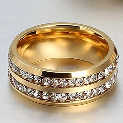 Mens Womens 8MM Titanium Stainless Steel High Polished 18K Gold Plated Channel Set Cubic Zirconia CZ Promise Engagement Band Unisex Gold Wedding Ring Comfort Fit, Size 6-13 (10, Gold)