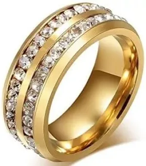 Mens Womens 8MM Titanium Stainless Steel High Polished 18K Gold Plated Channel Set Cubic Zirconia CZ Promise Engagement Band Unisex Gold Wedding Ring Comfort Fit, Size 6-13 (10, Gold)