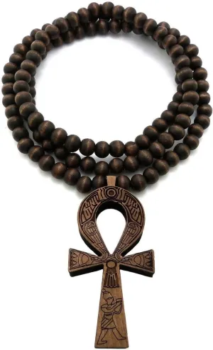MENS WOOD ANKH CROSS HIP HOP EGYPTIAN AFRICAN SYMBOL WOODEN BEAD CHAIN NECKLACE