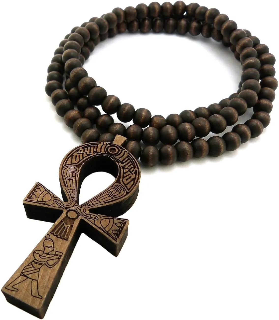 MENS WOOD ANKH CROSS HIP HOP EGYPTIAN AFRICAN SYMBOL WOODEN BEAD CHAIN NECKLACE