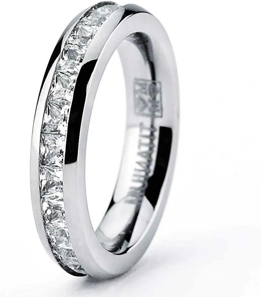 Metal Masters 3MM High Polish Princess Cut Ladies Eternity Titanium Ring Wedding Band with Cubic Zirconia CZ Size 4 to 9