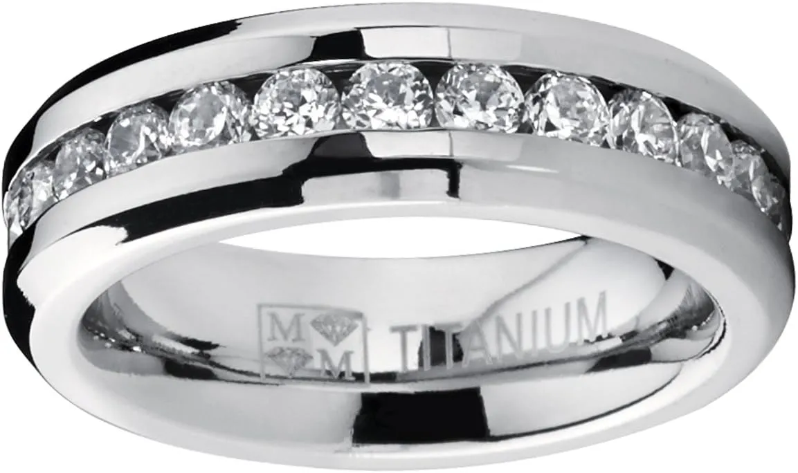 Metal Masters Ladies 2.4 Carat Eternity Titanium Ring Cubic Zirconia Wedding Band with CZ 6MM Sizes 4 to 9