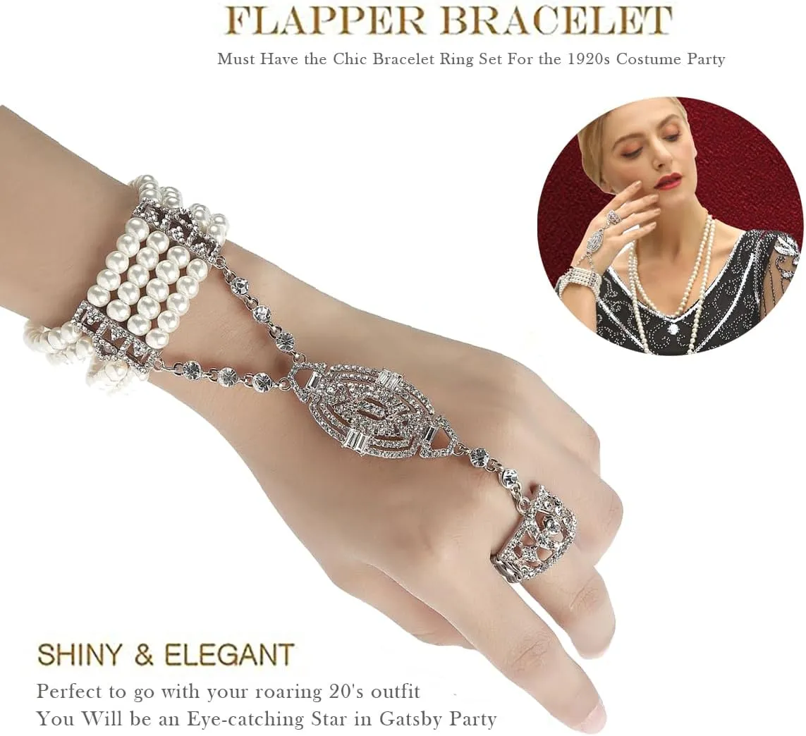 Metme 1920s Flapper Bracelet Ring Set Gatsby Accessories Imitation Pearl Crystal Bracelet Adjustable Ring