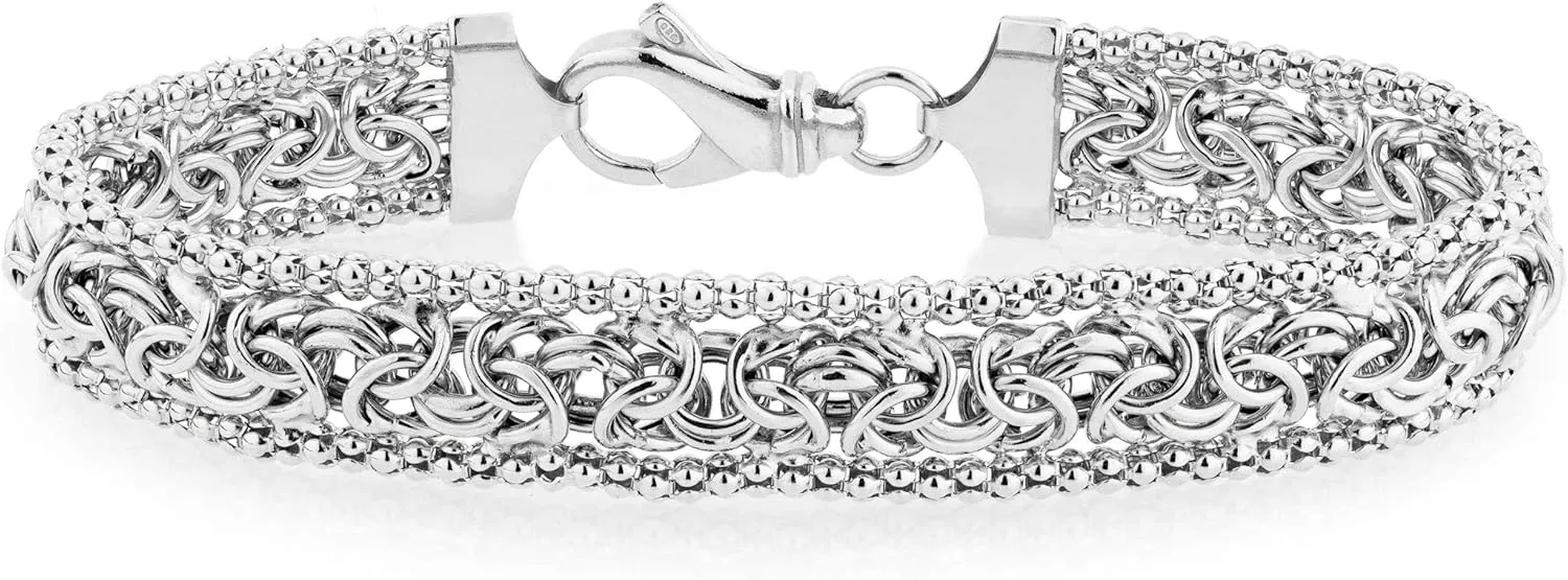Miabella Italian 925 Sterling Silver Byzantine Beaded Mesh Link Chain Bracelet for Women, 925 Handmade in Italy