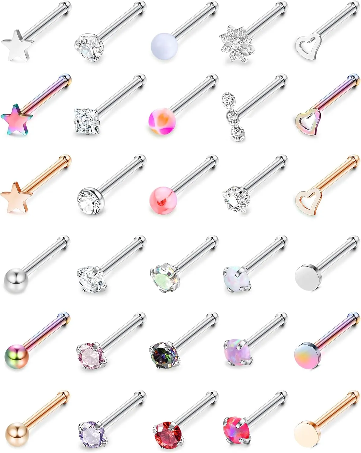 MILACOLATO 30Pcs Nose Rings Studs for Women Men 316L Stainless Steel Nose Piercings Jewelry 18G 20G Straight L Shaped Corkscrew Nose Rings Cubic Zirconia Opal Nose Studs Hypoallergenic