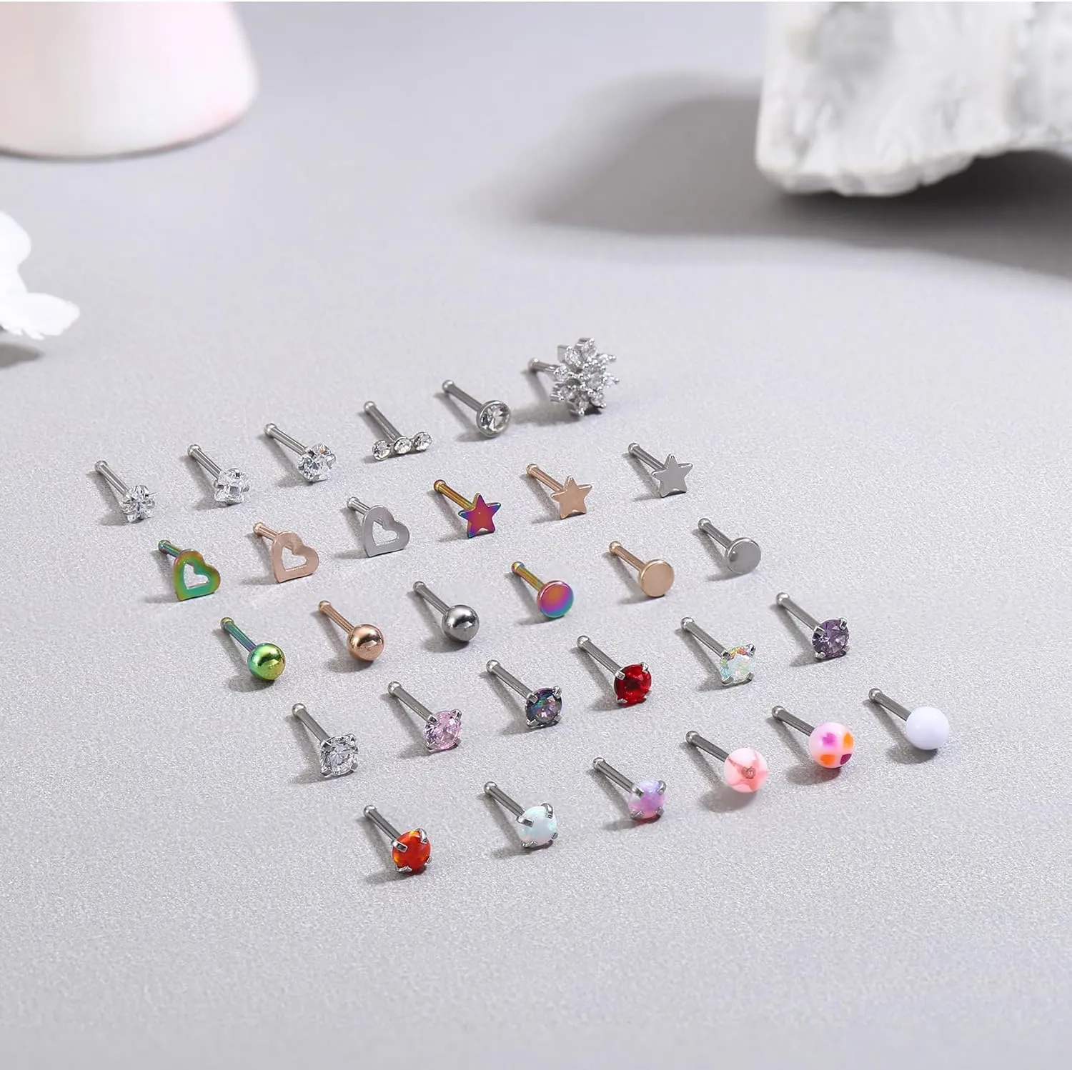MILACOLATO 30Pcs Nose Rings Studs for Women Men 316L Stainless Steel Nose Piercings Jewelry 18G 20G Straight L Shaped Corkscrew Nose Rings Cubic Zirconia Opal Nose Studs Hypoallergenic