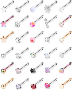 MILACOLATO 30Pcs Nose Rings Studs for Women Men 316L Stainless Steel Nose Piercings Jewelry 18G 20G Straight L Shaped Corkscrew Nose Rings Cubic Zirconia Opal Nose Studs Hypoallergenic