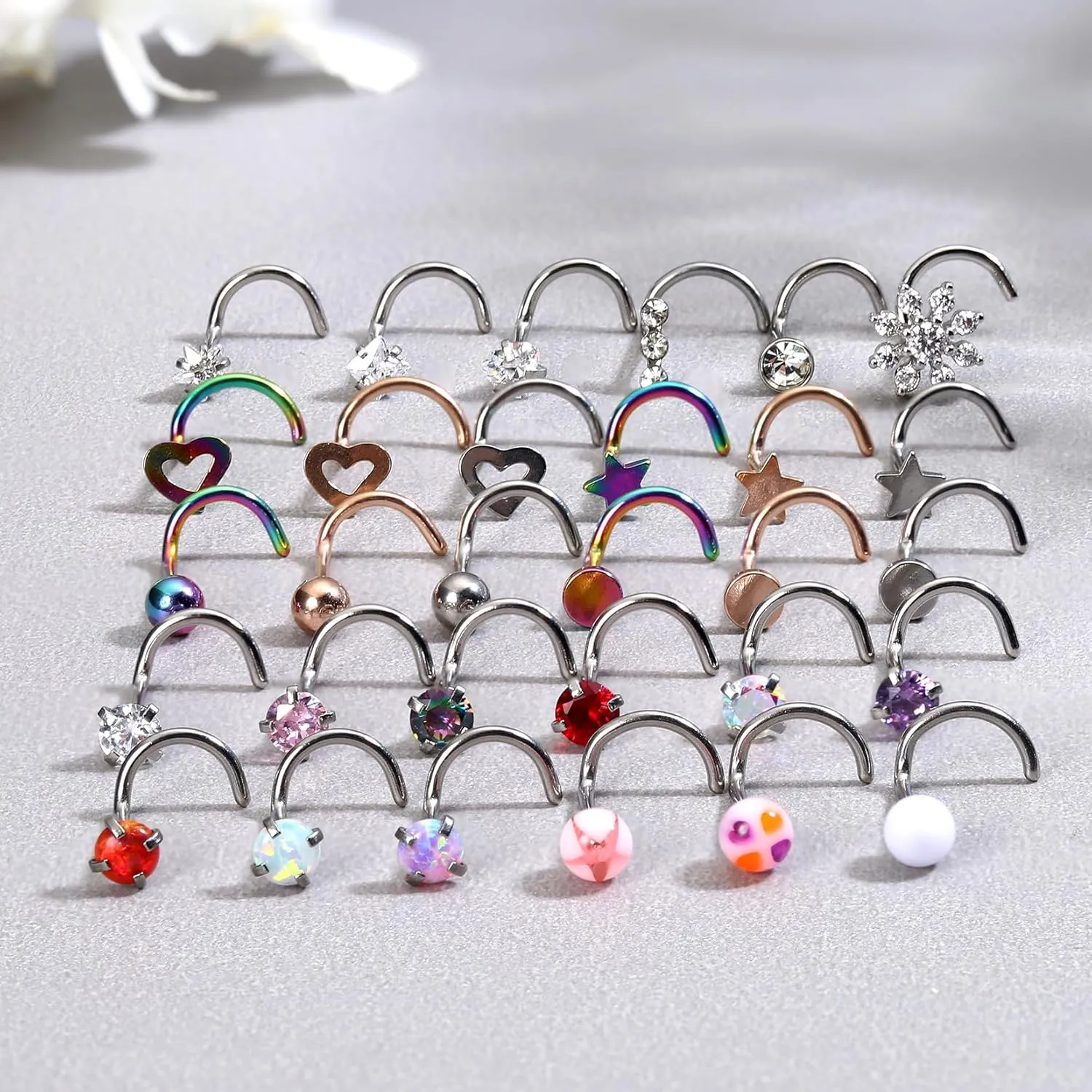 MILACOLATO 30Pcs Nose Rings Studs for Women Men 316L Stainless Steel Nose Piercings Jewelry 18G 20G Straight L Shaped Corkscrew Nose Rings Cubic Zirconia Opal Nose Studs Hypoallergenic