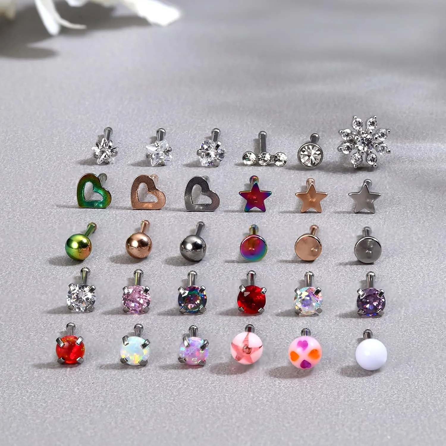 MILACOLATO 30Pcs Nose Rings Studs for Women Men 316L Stainless Steel Nose Piercings Jewelry 18G 20G Straight L Shaped Corkscrew Nose Rings Cubic Zirconia Opal Nose Studs Hypoallergenic