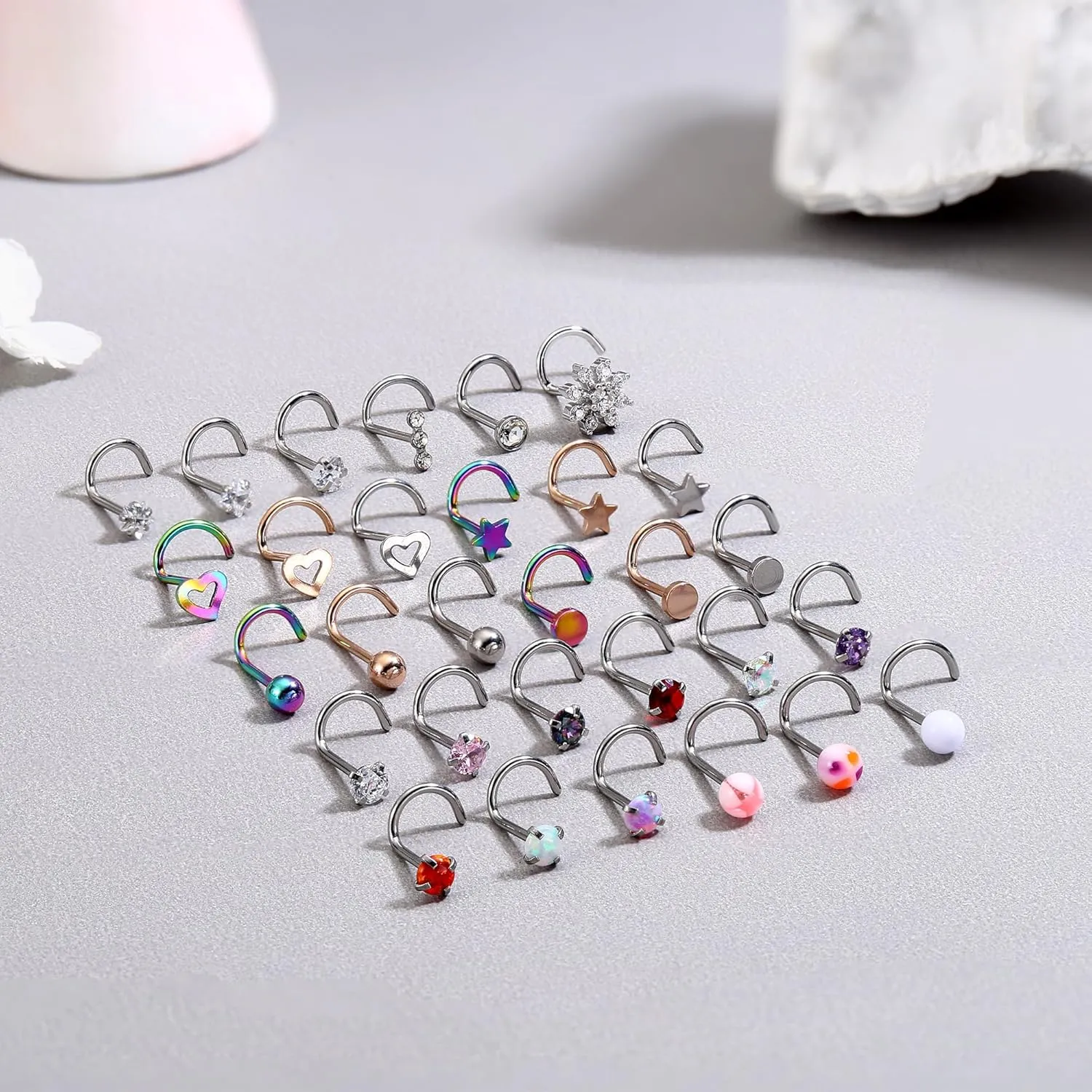 MILACOLATO 30Pcs Nose Rings Studs for Women Men 316L Stainless Steel Nose Piercings Jewelry 18G 20G Straight L Shaped Corkscrew Nose Rings Cubic Zirconia Opal Nose Studs Hypoallergenic