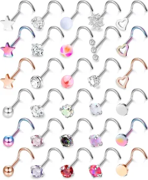 MILACOLATO 30Pcs Nose Rings Studs for Women Men 316L Stainless Steel Nose Piercings Jewelry 18G 20G Straight L Shaped Corkscrew Nose Rings Cubic Zirconia Opal Nose Studs Hypoallergenic