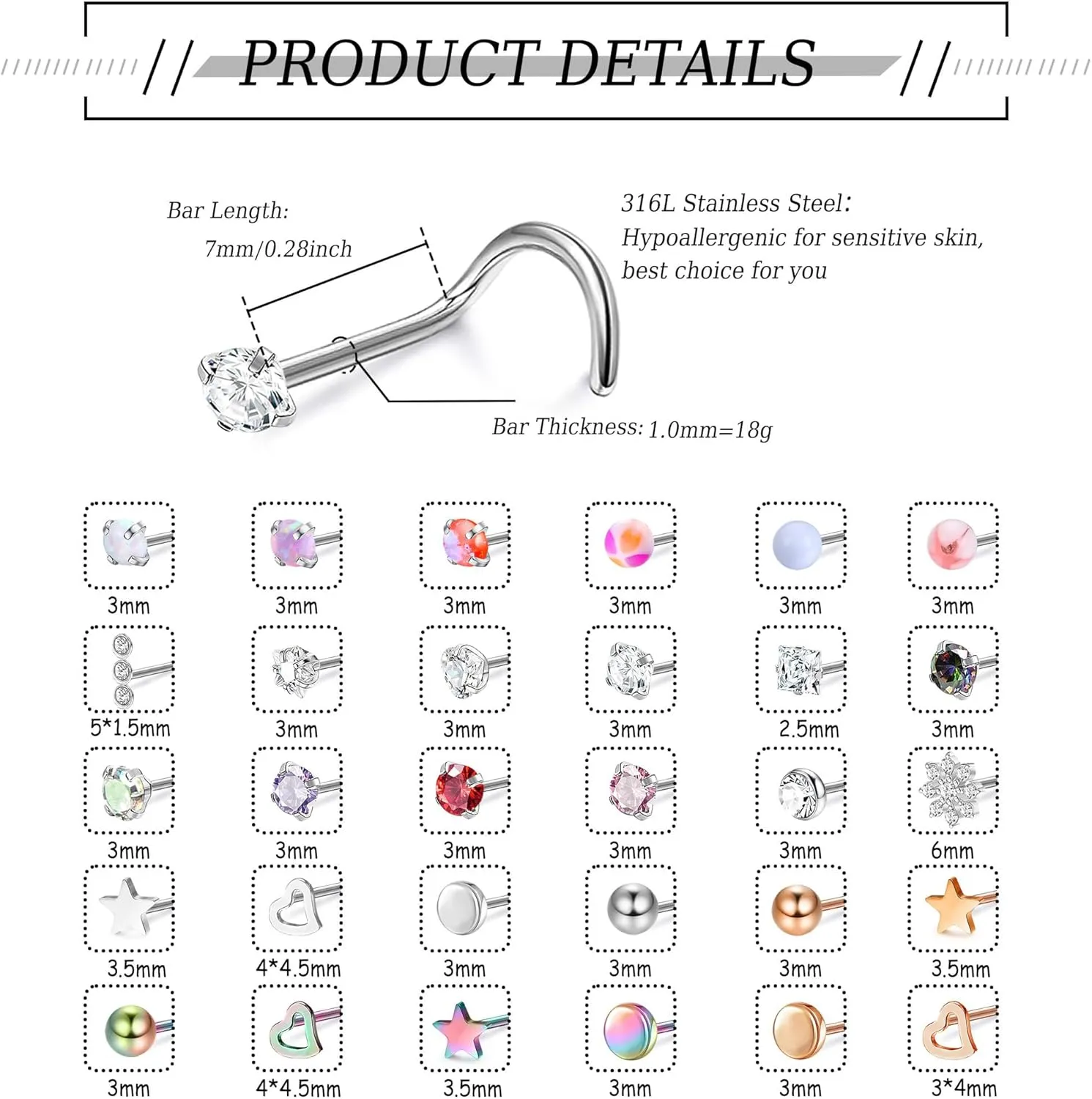 MILACOLATO 30Pcs Nose Rings Studs for Women Men 316L Stainless Steel Nose Piercings Jewelry 18G 20G Straight L Shaped Corkscrew Nose Rings Cubic Zirconia Opal Nose Studs Hypoallergenic