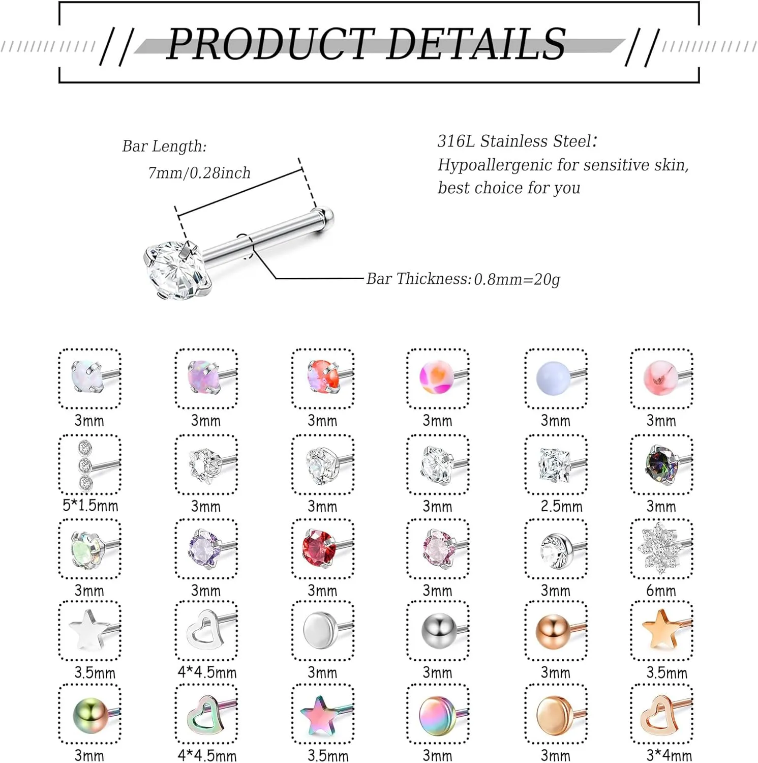 MILACOLATO 30Pcs Nose Rings Studs for Women Men 316L Stainless Steel Nose Piercings Jewelry 18G 20G Straight L Shaped Corkscrew Nose Rings Cubic Zirconia Opal Nose Studs Hypoallergenic