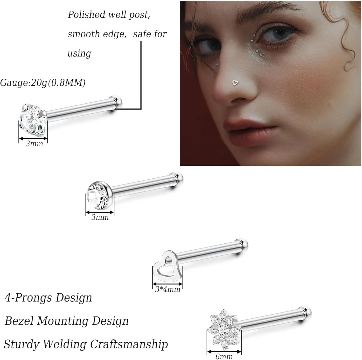 MILACOLATO 30Pcs Nose Rings Studs for Women Men 316L Stainless Steel Nose Piercings Jewelry 18G 20G Straight L Shaped Corkscrew Nose Rings Cubic Zirconia Opal Nose Studs Hypoallergenic