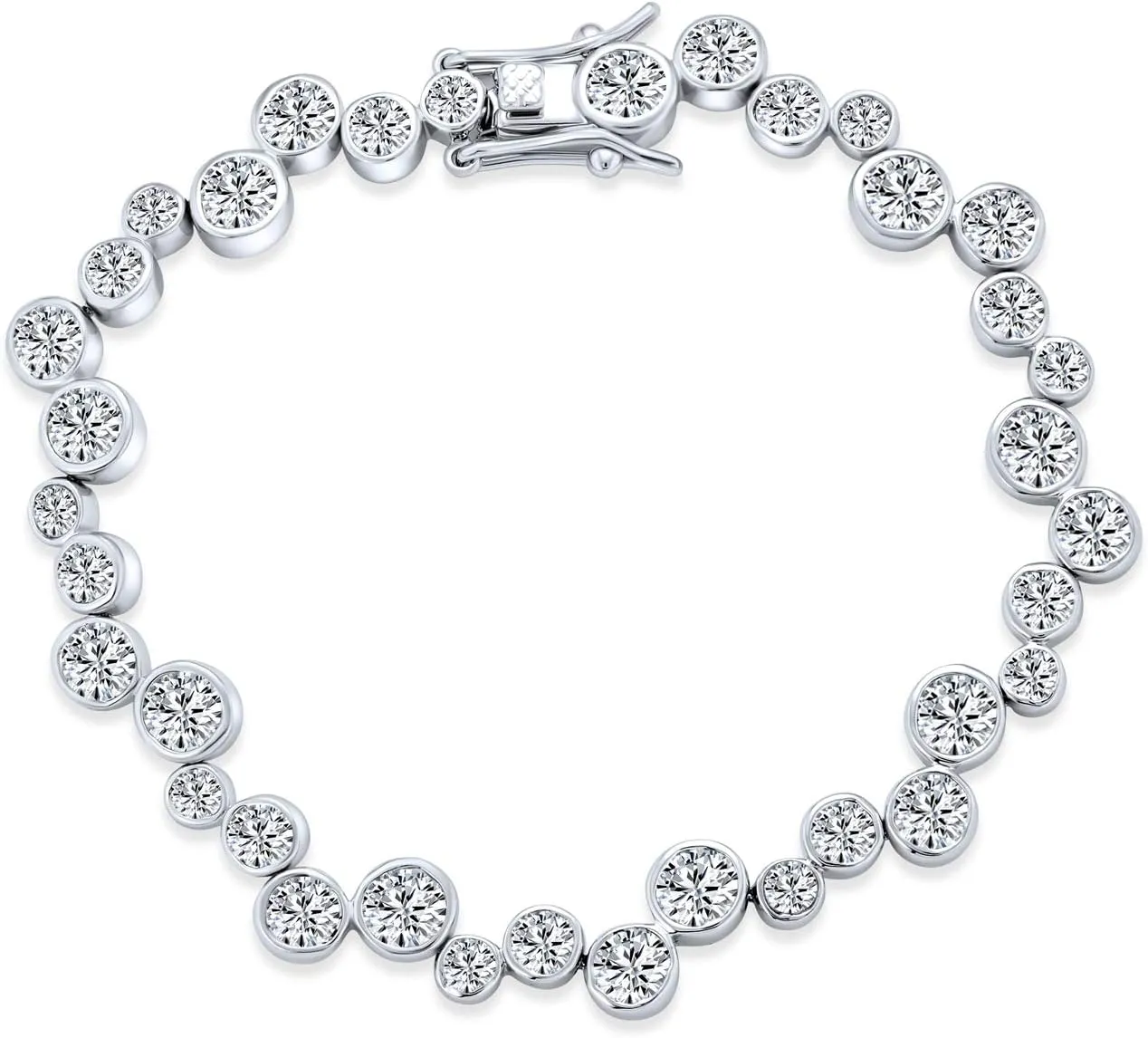 Modern Bride Bridal Zigzagged Staggered Geometric CZ Round Bezel Set Bubble AAA Cubic Zirconia Tennis Bracelet Necklace For Women Girlfriend Wedding, Prom Silver Plated 16 Inch 7, 7.5 Inches