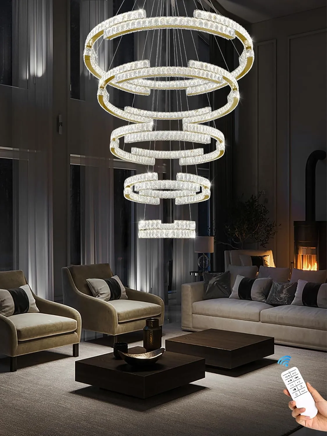 Modern Gold 5 Ring Crystal Chandeliers for High Ceiling Crystal Pendant Light Foyer Entrance LED Dimmable 3000-6000K Fixtures D47.5'' D40'' D32'' D24'' D16''