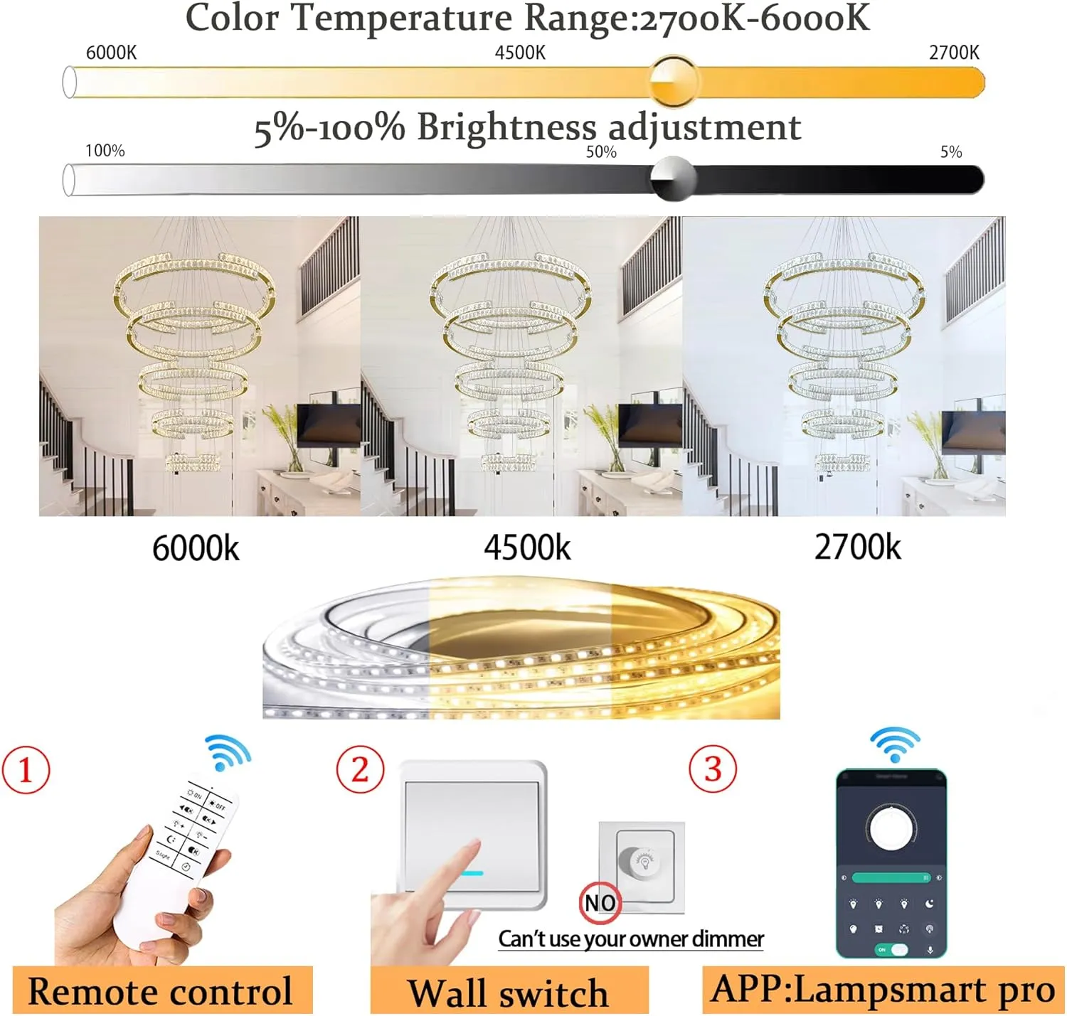 Modern Gold 5 Ring Crystal Chandeliers for High Ceiling Crystal Pendant Light Foyer Entrance LED Dimmable 3000-6000K Fixtures D47.5'' D40'' D32'' D24'' D16''