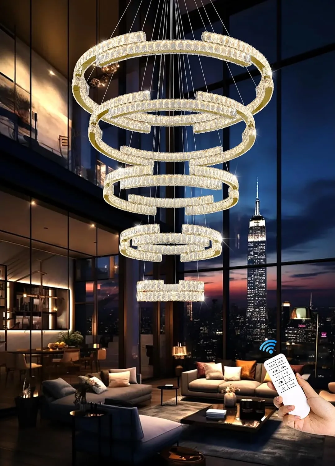 Modern Gold 5 Ring Crystal Chandeliers for High Ceiling Crystal Pendant Light Foyer Entrance LED Dimmable 3000-6000K Fixtures D47.5'' D40'' D32'' D24'' D16''