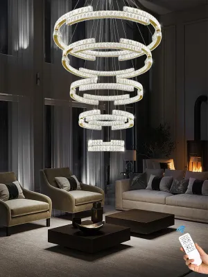 Modern Gold 5 Ring Crystal Chandeliers for High Ceiling Crystal Pendant Light Foyer Entrance LED Dimmable 3000-6000K Fixtures D47.5'' D40'' D32'' D24'' D16''