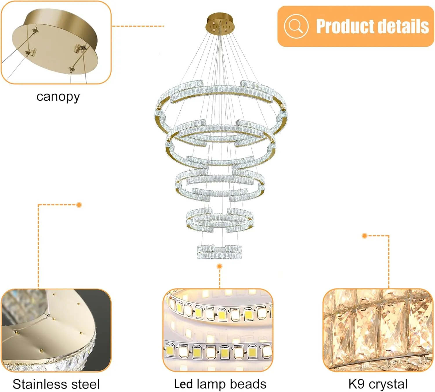 Modern Gold 5 Ring Crystal Chandeliers for High Ceiling Crystal Pendant Light Foyer Entrance LED Dimmable 3000-6000K Fixtures D47.5'' D40'' D32'' D24'' D16''