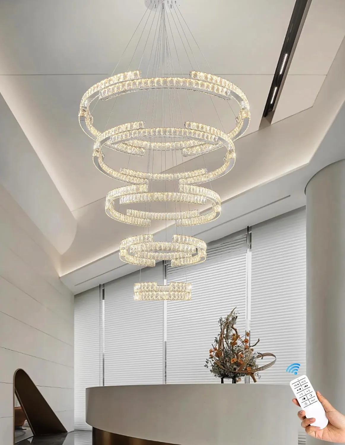 Modern Silver 5 Ring Crystal Chandeliers for High Ceiling Crystal Pendant Light Foyer Entrance LED Dimmable 3000-6000K Fixtures D47.5'' D40'' D32'' D24'' D16''